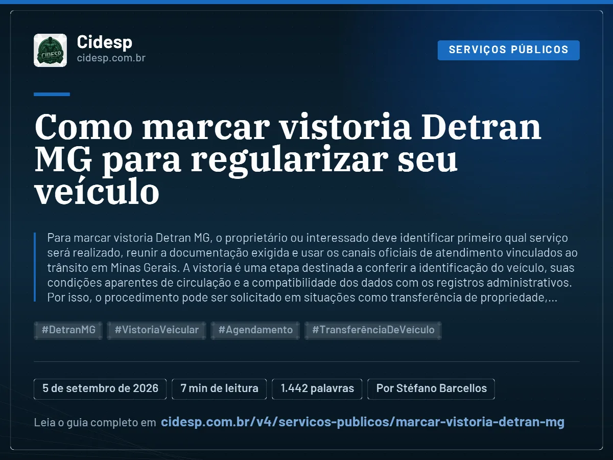 Cartão do artigo “Como marcar vistoria Detran MG para regularizar seu veículo”, com resumo, data de publicação e endereço da página.