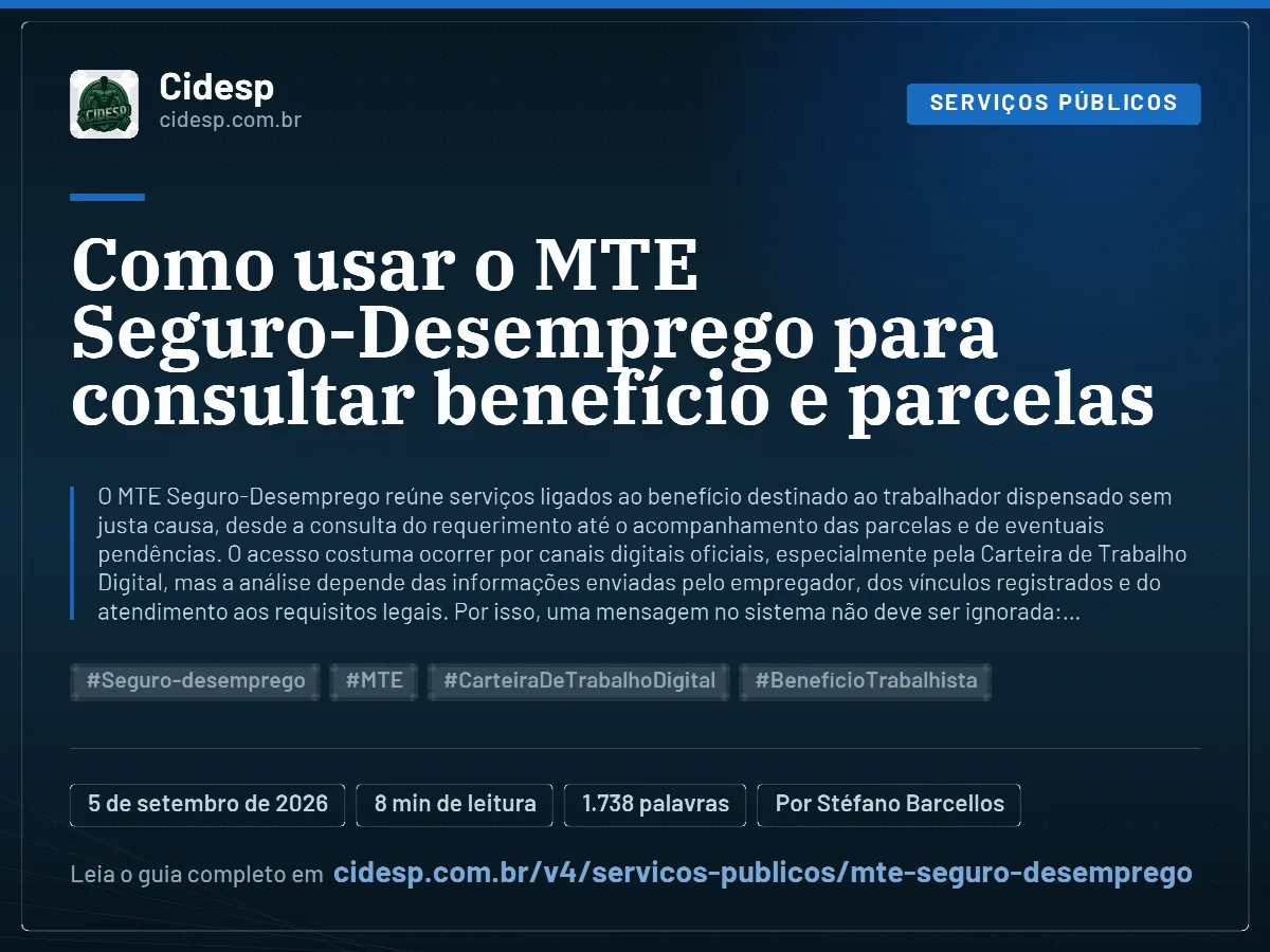 Cartão do artigo “Como usar o MTE Seguro-Desemprego para consultar benefício e parcelas”, com resumo, data de publicação e endereço da página.
