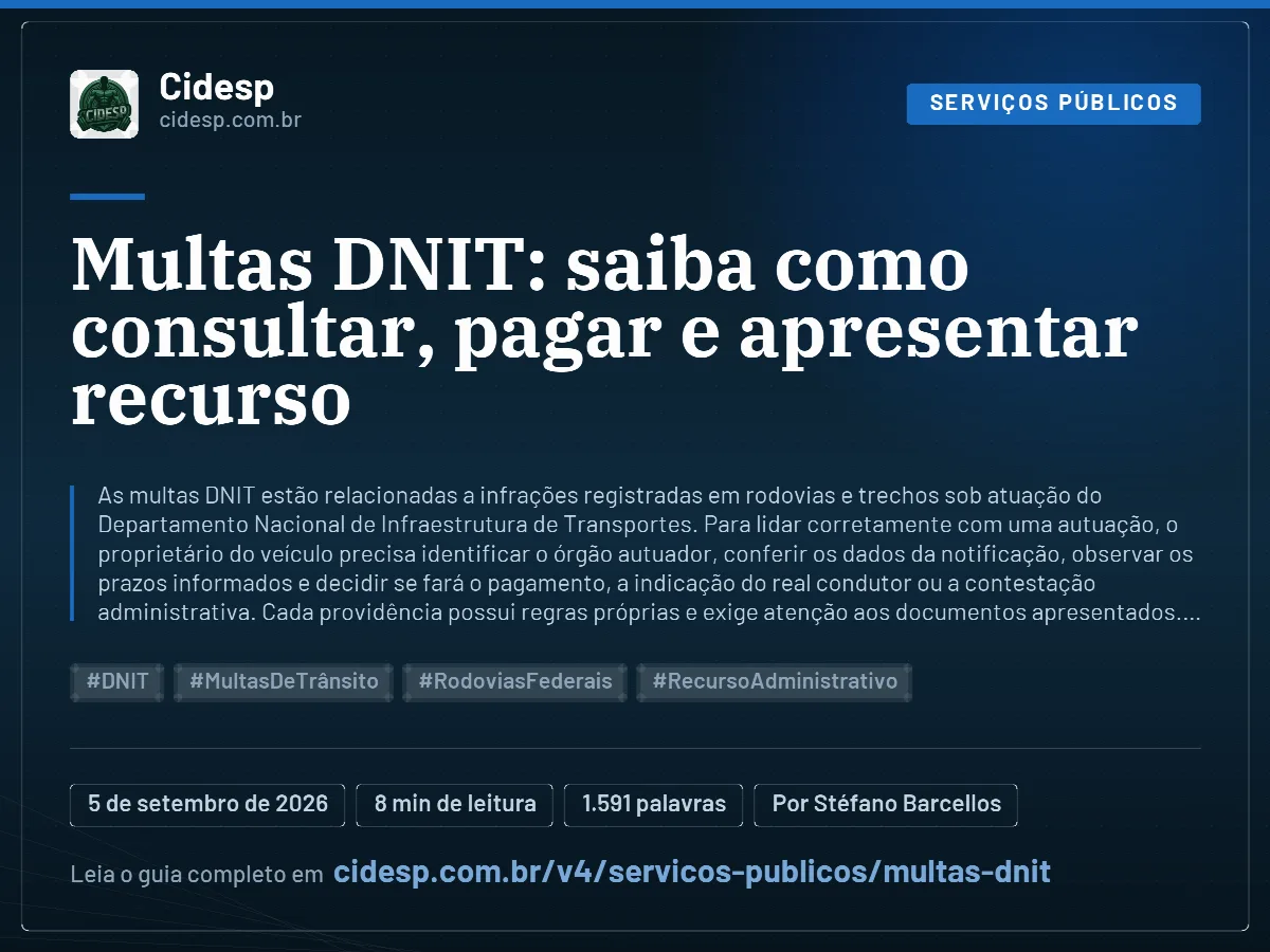 Cartão do artigo “Multas DNIT: saiba como consultar, pagar e apresentar recurso”, com resumo, data de publicação e endereço da página.