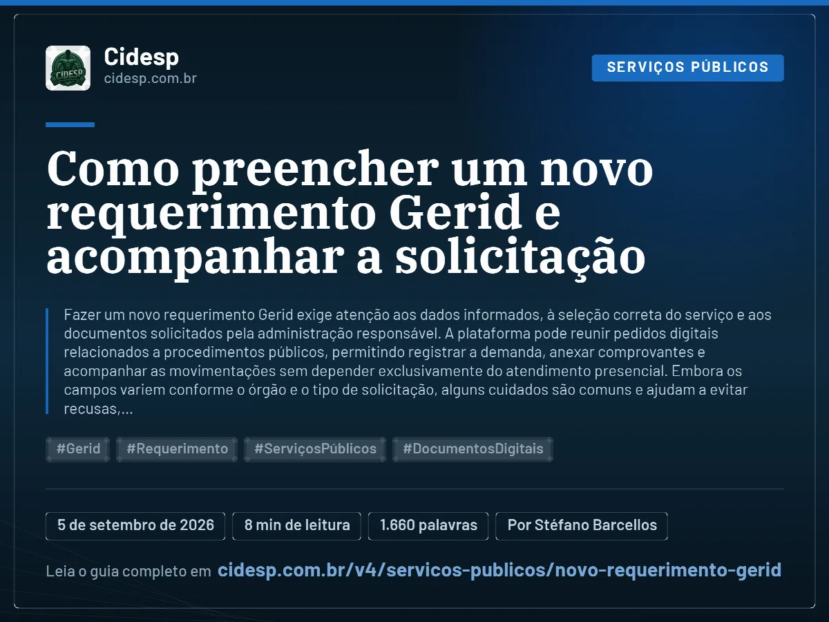 Cartão do artigo “Como preencher um novo requerimento Gerid e acompanhar a solicitação”, com resumo, data de publicação e endereço da página.