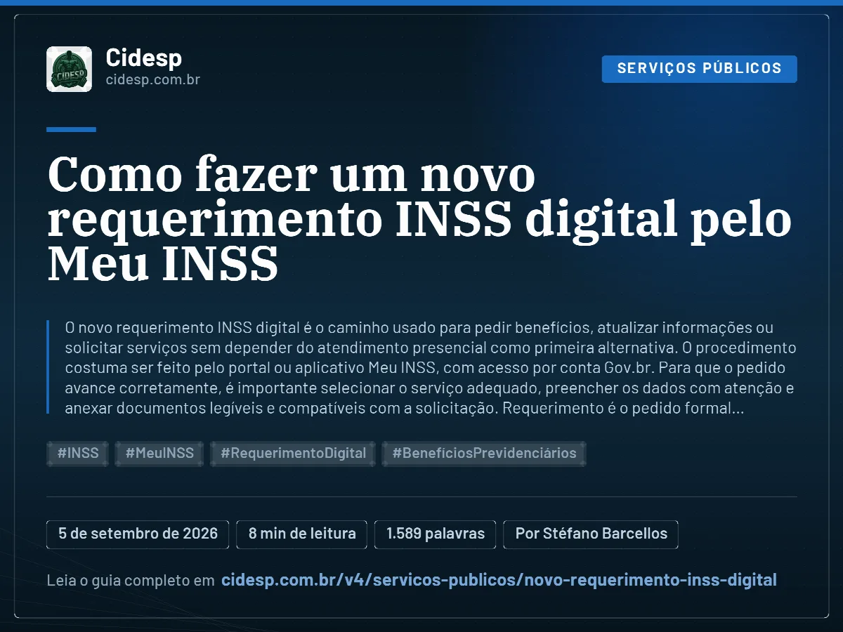 Cartão do artigo “Como fazer um novo requerimento INSS digital pelo Meu INSS”, com resumo, data de publicação e endereço da página.