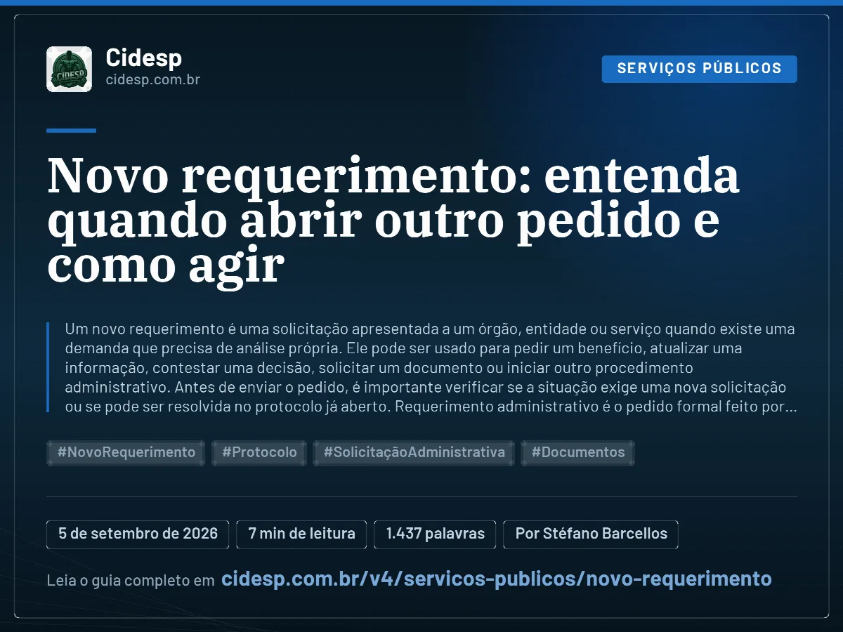 Cartão do artigo “Novo requerimento: entenda quando abrir outro pedido e como agir”, com resumo, data de publicação e endereço da página.