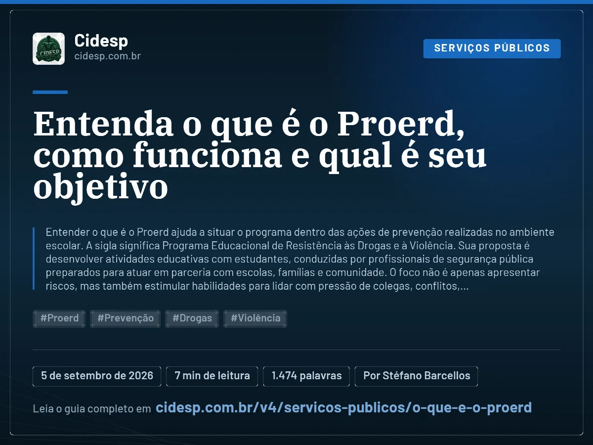 Cartão do artigo “Entenda o que é o Proerd, como funciona e qual é seu objetivo”, com resumo, data de publicação e endereço da página.