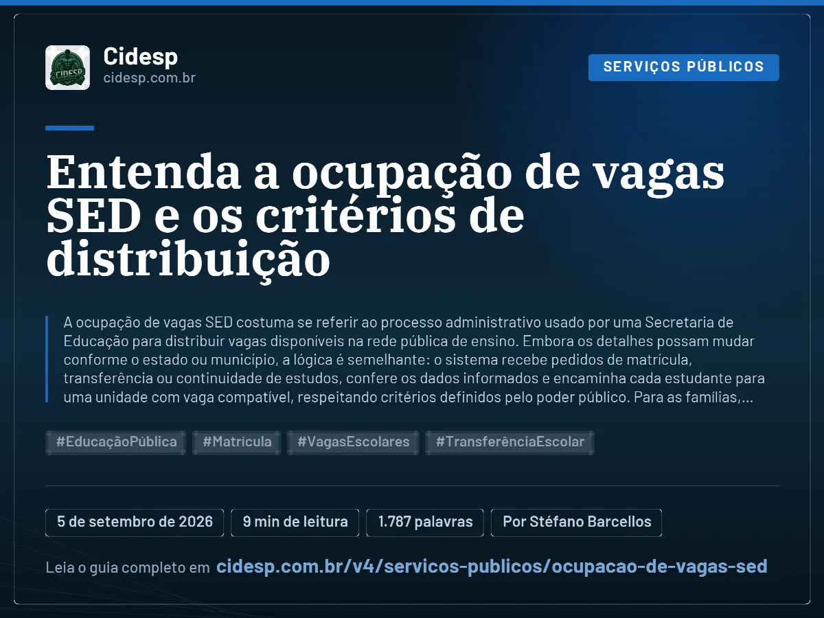 Cartão do artigo “Entenda a ocupação de vagas SED e os critérios de distribuição”, com resumo, data de publicação e endereço da página.