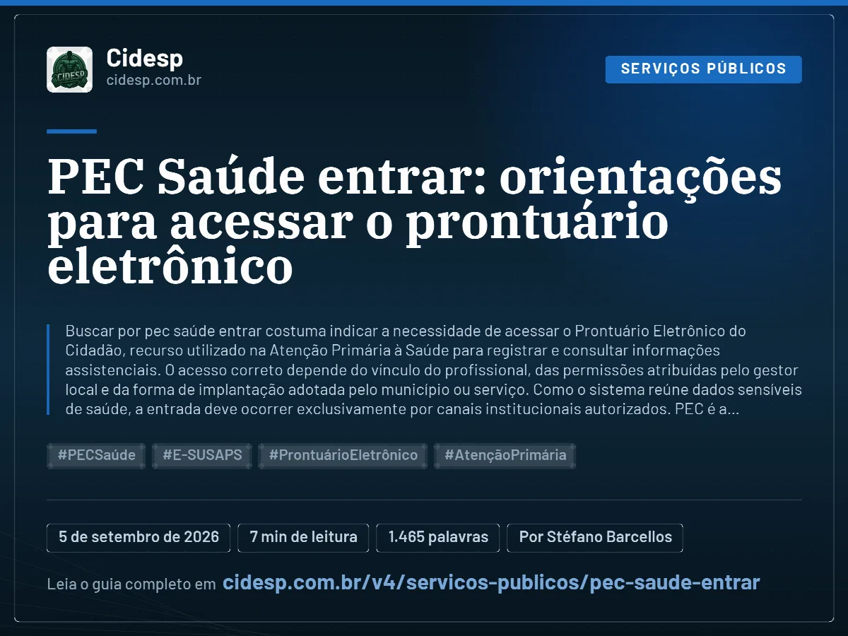 Cartão do artigo “PEC Saúde entrar: orientações para acessar o prontuário eletrônico”, com resumo, data de publicação e endereço da página.