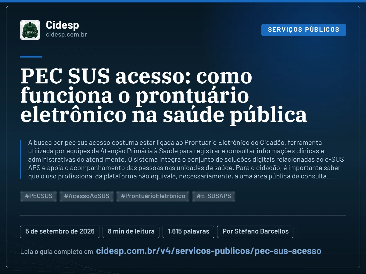 Cartão do artigo “PEC SUS acesso: como funciona o prontuário eletrônico na saúde pública”, com resumo, data de publicação e endereço da página.