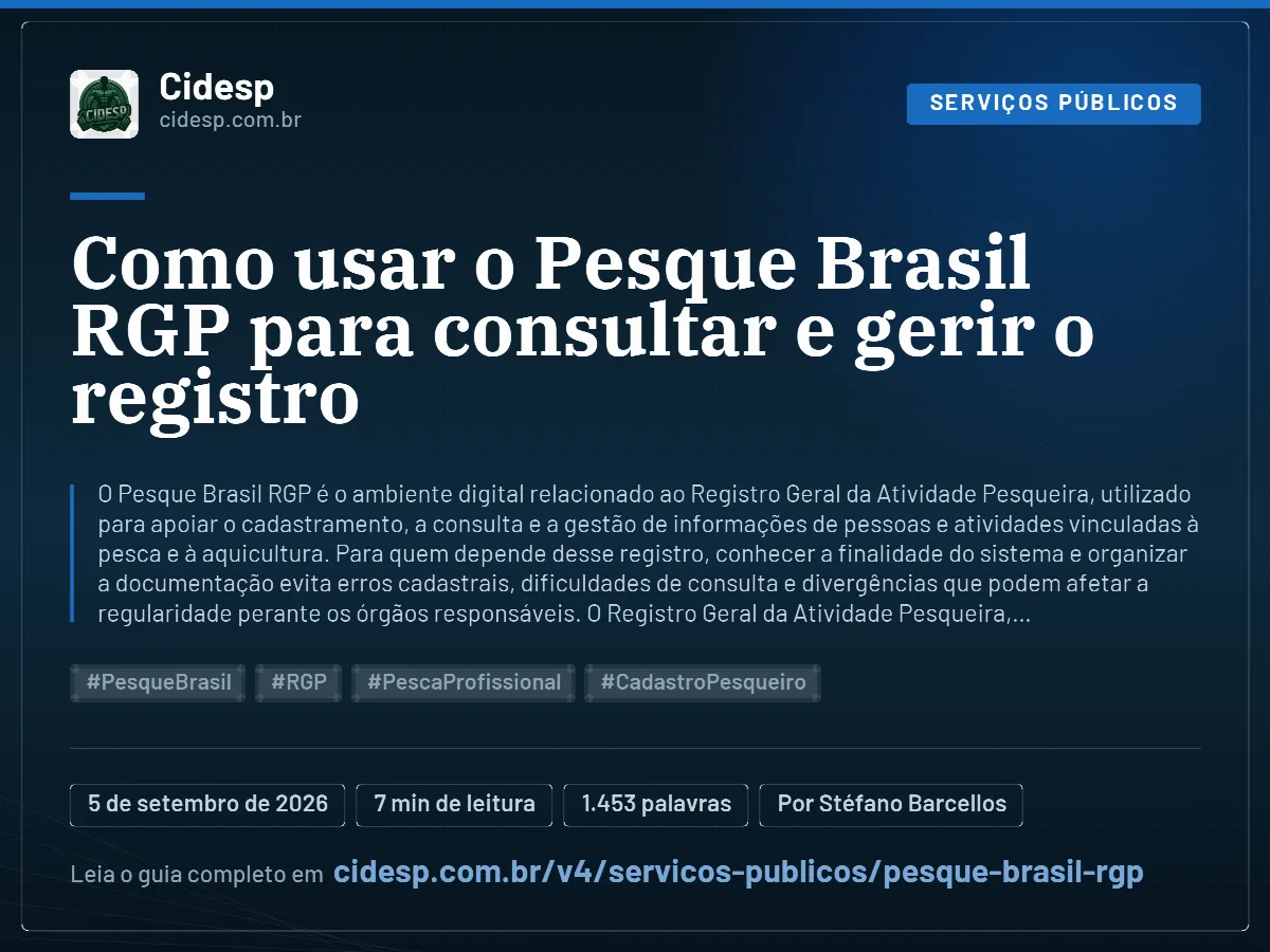 Cartão do artigo “Como usar o Pesque Brasil RGP para consultar e gerir o registro”, com resumo, data de publicação e endereço da página.