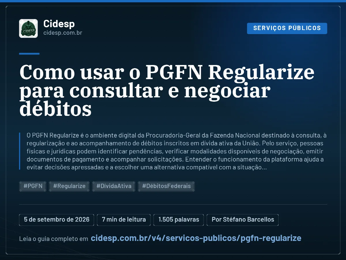 Cartão do artigo “Como usar o PGFN Regularize para consultar e negociar débitos”, com resumo, data de publicação e endereço da página.