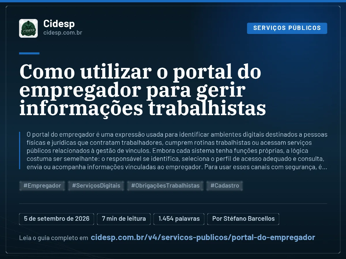 Cartão do artigo “Como utilizar o portal do empregador para gerir informações trabalhistas”, com resumo, data de publicação e endereço da página.