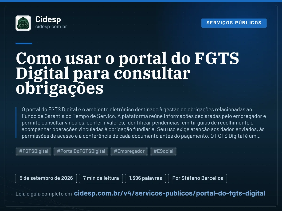 Cartão do artigo “Como usar o portal do FGTS Digital para consultar obrigações”, com resumo, data de publicação e endereço da página.