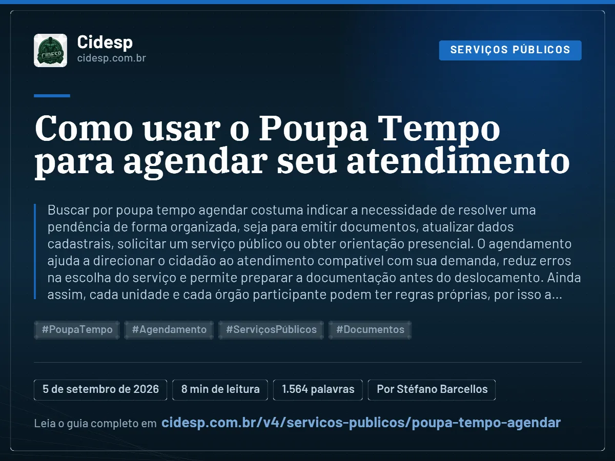 Cartão do artigo “Como usar o Poupa Tempo para agendar seu atendimento”, com resumo, data de publicação e endereço da página.