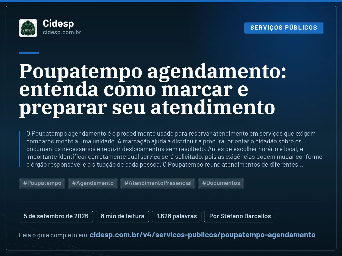 Cartão do artigo “Poupatempo agendamento: entenda como marcar e preparar seu atendimento”, com resumo, data de publicação e endereço da página.