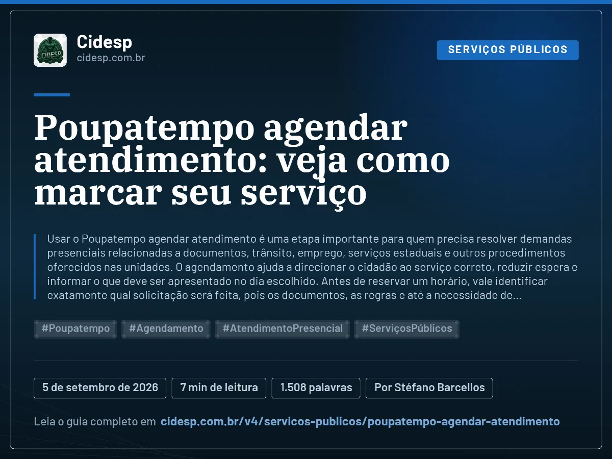 Cartão do artigo “Poupatempo agendar atendimento: veja como marcar seu serviço”, com resumo, data de publicação e endereço da página.