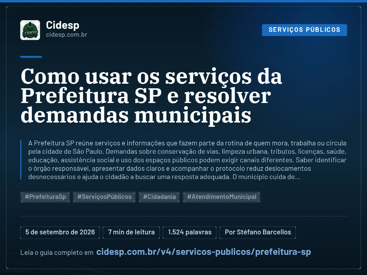 Cartão do artigo “Como usar os serviços da Prefeitura SP e resolver demandas municipais”, com resumo, data de publicação e endereço da página.