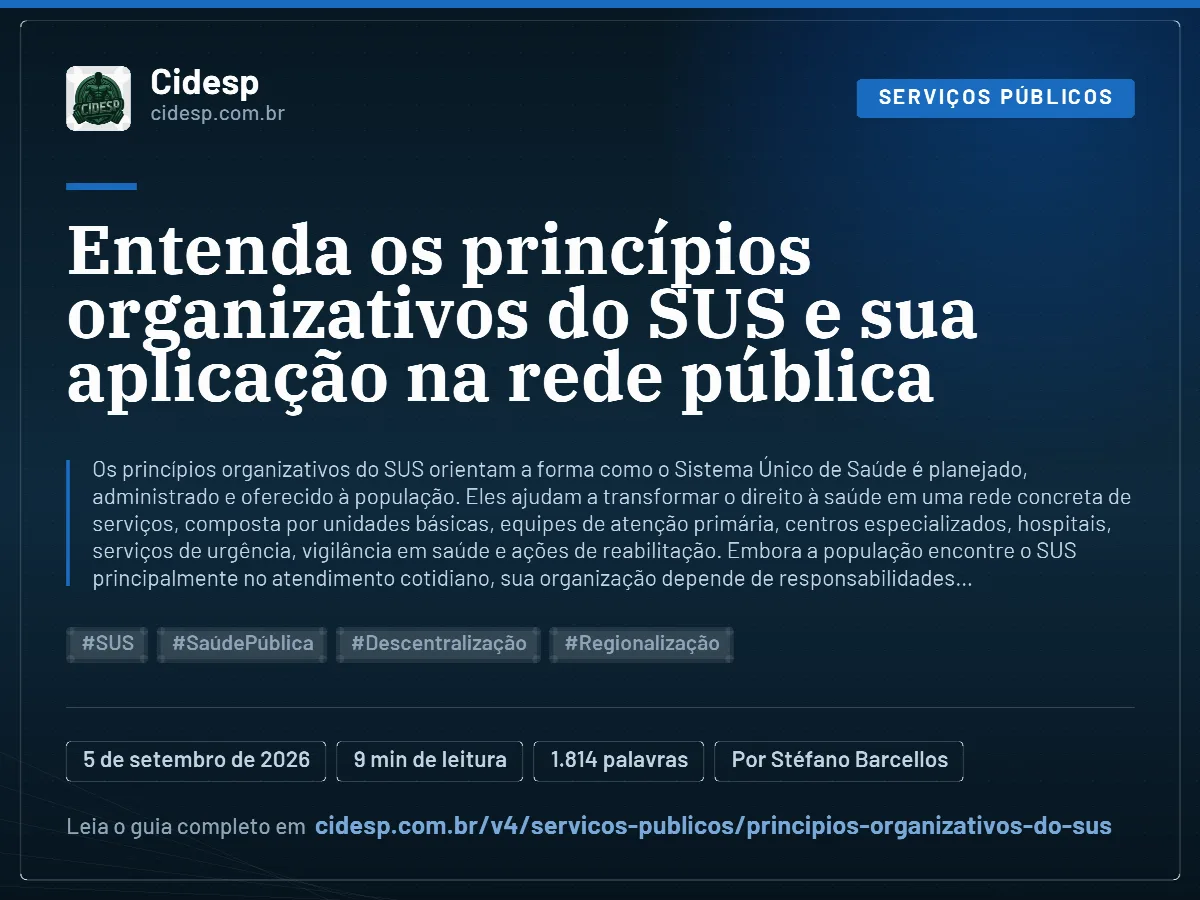 Cartão do artigo “Entenda os princípios organizativos do SUS e sua aplicação na rede pública”, com resumo, data de publicação e endereço da página.