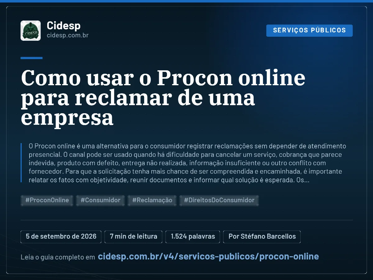 Cartão do artigo “Como usar o Procon online para reclamar de uma empresa”, com resumo, data de publicação e endereço da página.