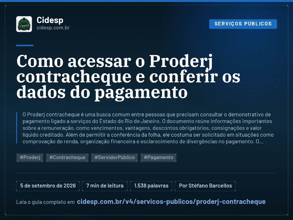 Cartão do artigo “Como acessar o Proderj contracheque e conferir os dados do pagamento”, com resumo, data de publicação e endereço da página.