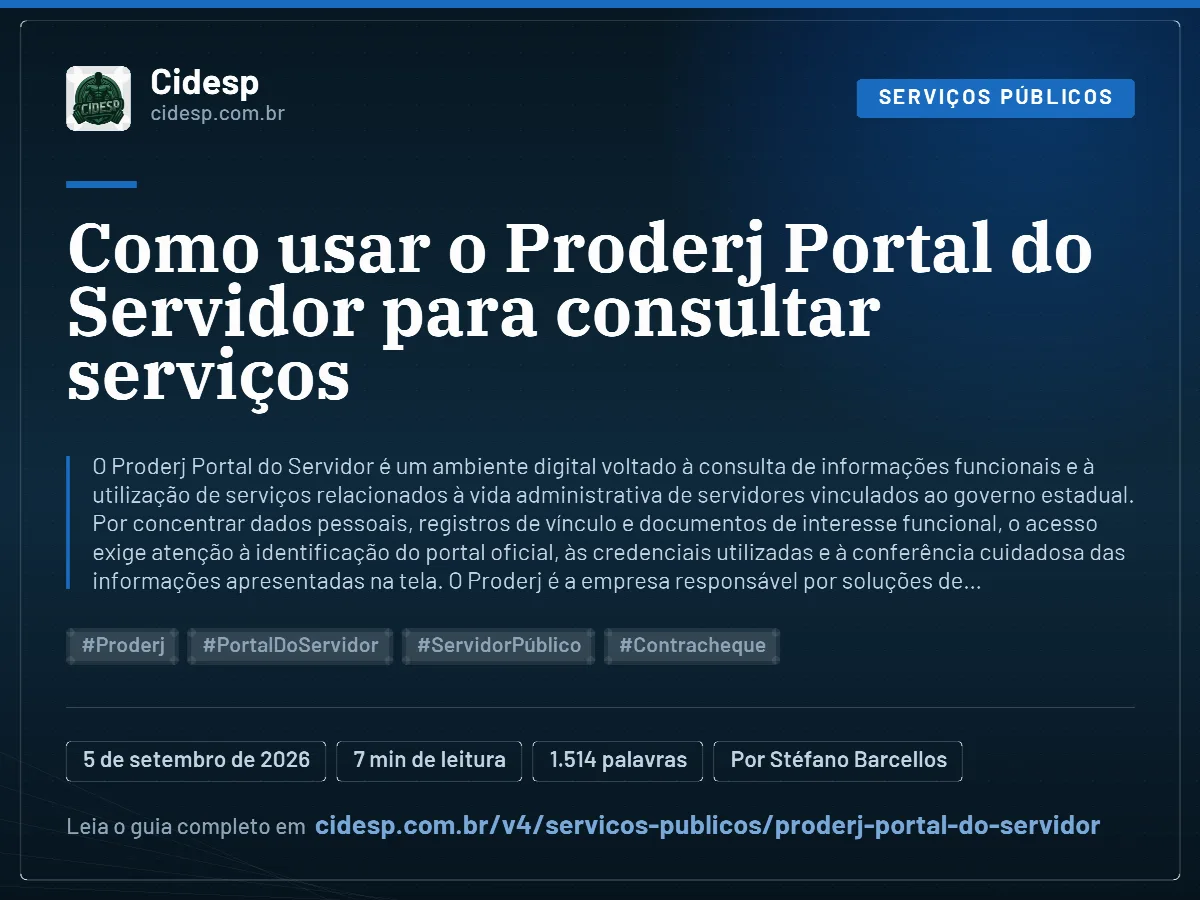 Cartão do artigo “Como usar o Proderj Portal do Servidor para consultar serviços”, com resumo, data de publicação e endereço da página.