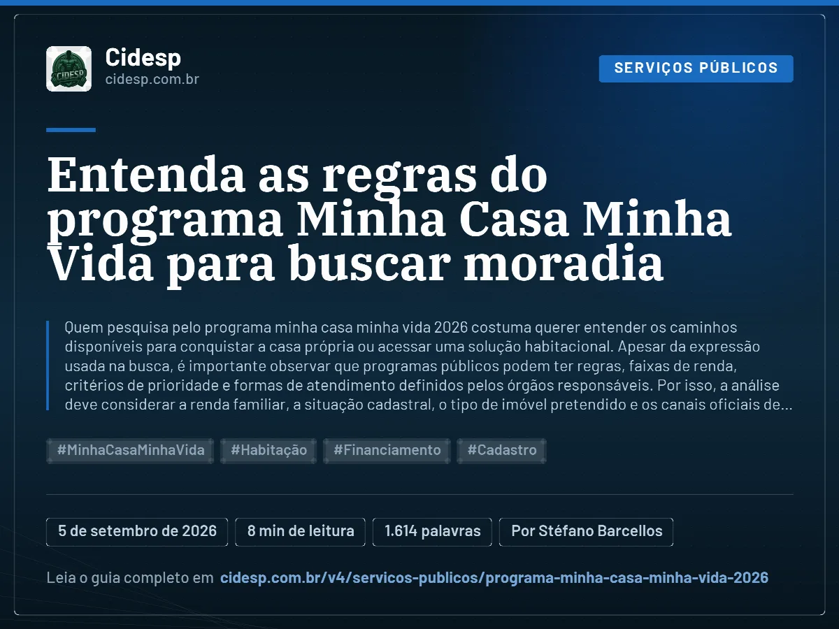 Cartão do artigo “Entenda as regras do programa Minha Casa Minha Vida para buscar moradia”, com resumo, data de publicação e endereço da página.