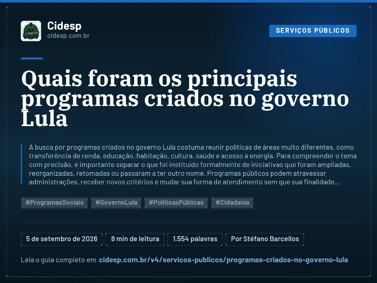 Cartão do artigo “Quais foram os principais programas criados no governo Lula”, com resumo, data de publicação e endereço da página.