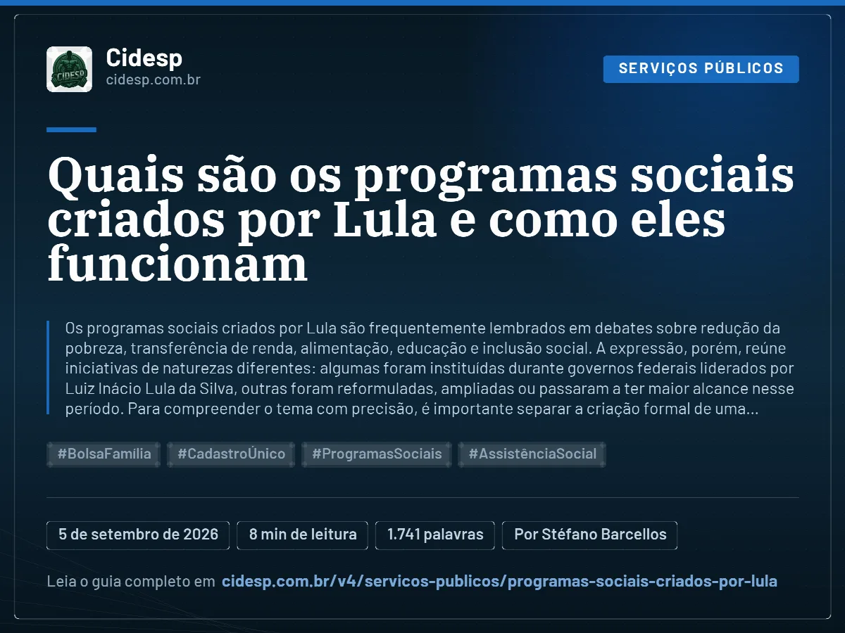 Cartão do artigo “Quais são os programas sociais criados por Lula e como eles funcionam”, com resumo, data de publicação e endereço da página.
