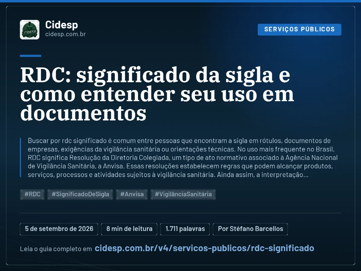 Cartão do artigo “RDC: significado da sigla e como entender seu uso em documentos”, com resumo, data de publicação e endereço da página.