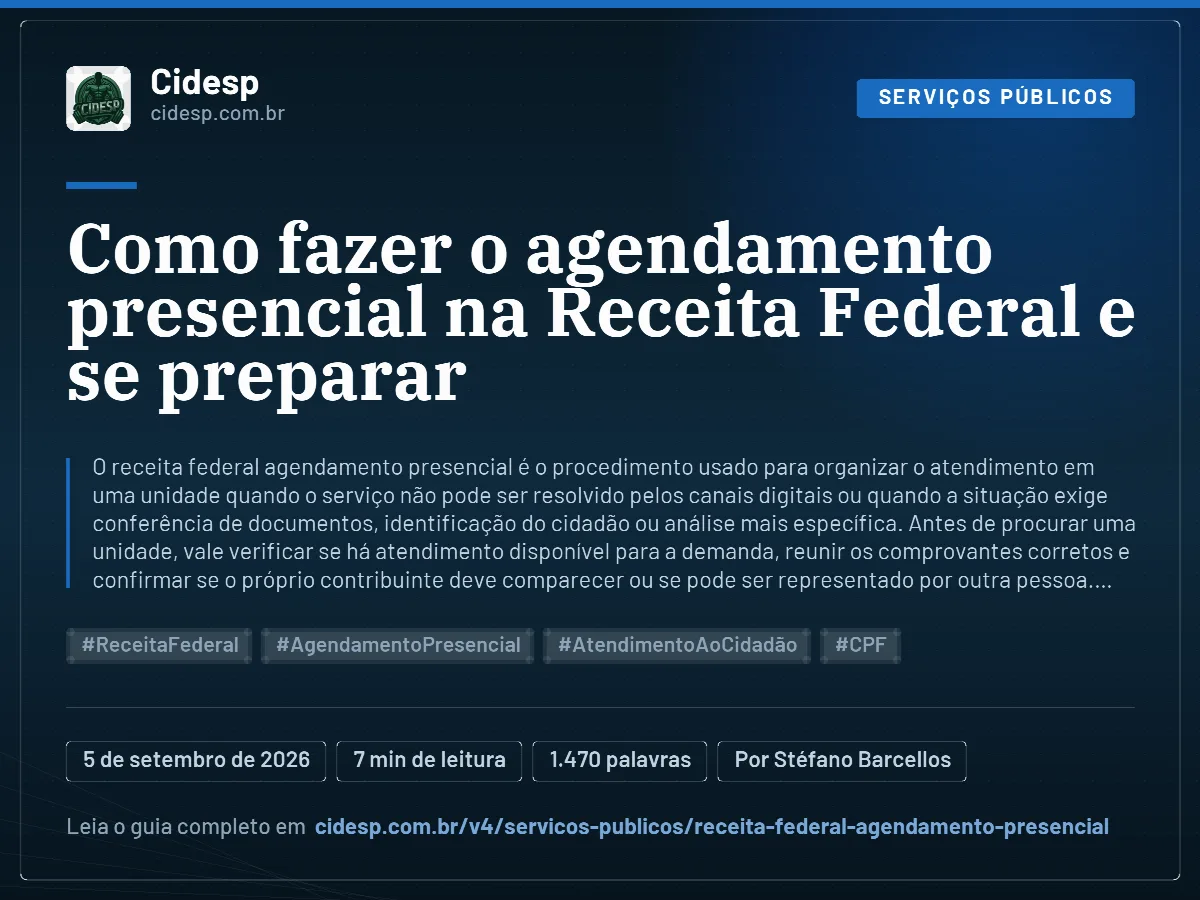 Cartão do artigo “Como fazer o agendamento presencial na Receita Federal e se preparar”, com resumo, data de publicação e endereço da página.