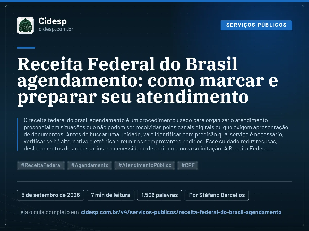 Cartão do artigo “Receita Federal do Brasil agendamento: como marcar e preparar seu atendimento”, com resumo, data de publicação e endereço da página.