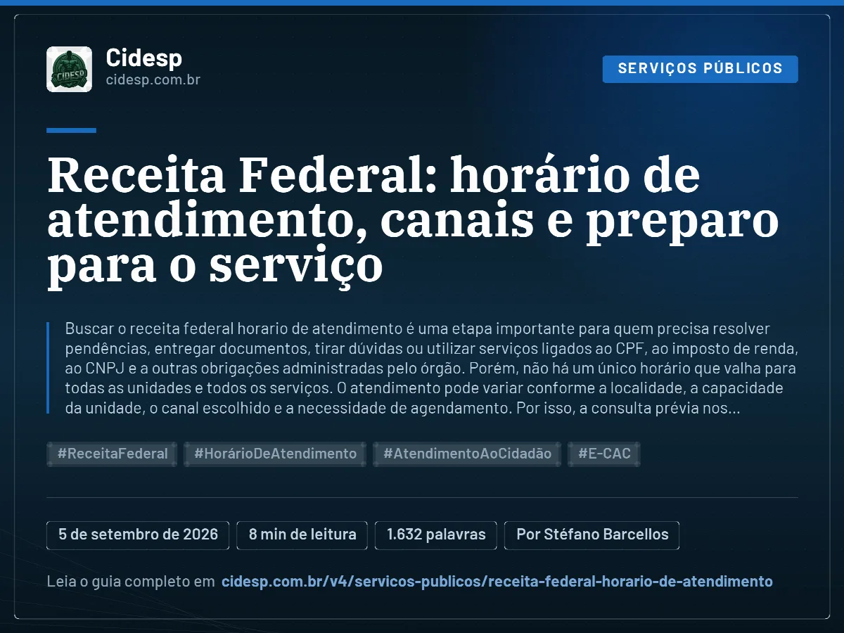 Cartão do artigo “Receita Federal: horário de atendimento, canais e preparo para o serviço”, com resumo, data de publicação e endereço da página.