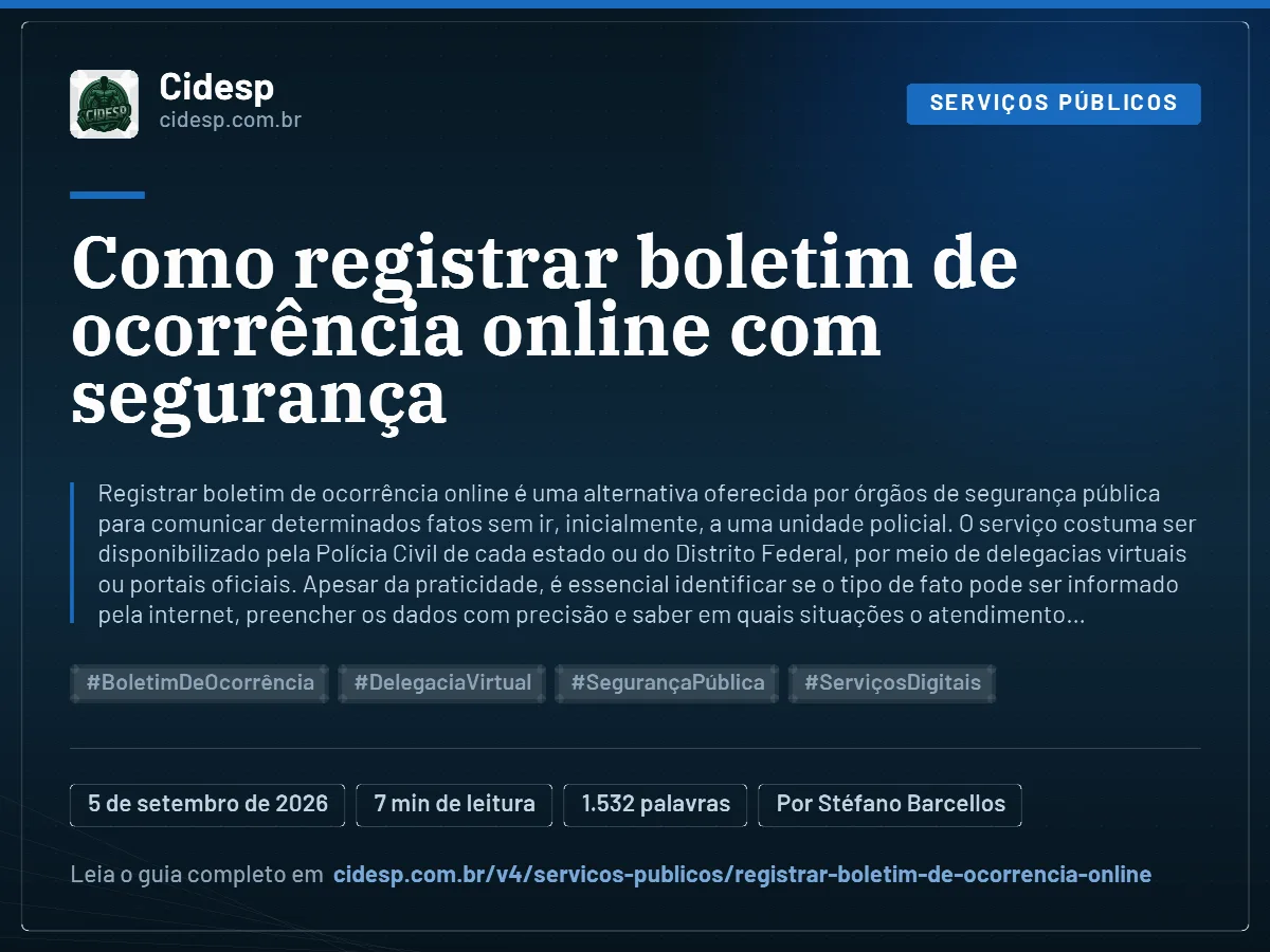 Cartão do artigo “Como registrar boletim de ocorrência online com segurança”, com resumo, data de publicação e endereço da página.