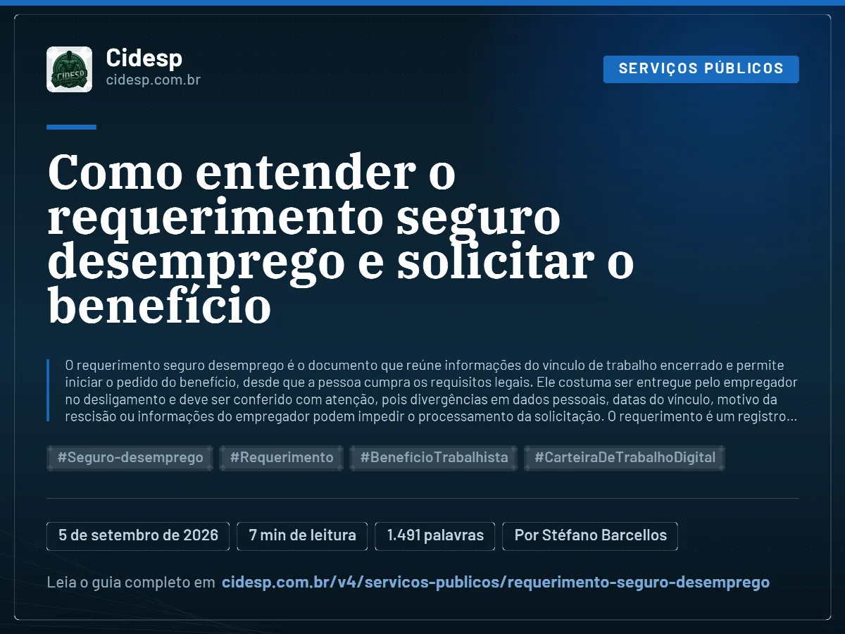 Cartão do artigo “Como entender o requerimento seguro desemprego e solicitar o benefício”, com resumo, data de publicação e endereço da página.