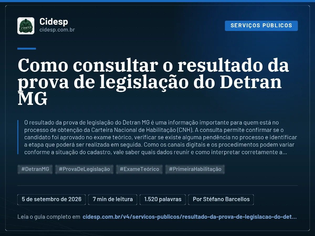 Cartão do artigo “Como consultar o resultado da prova de legislação do Detran MG”, com resumo, data de publicação e endereço da página.