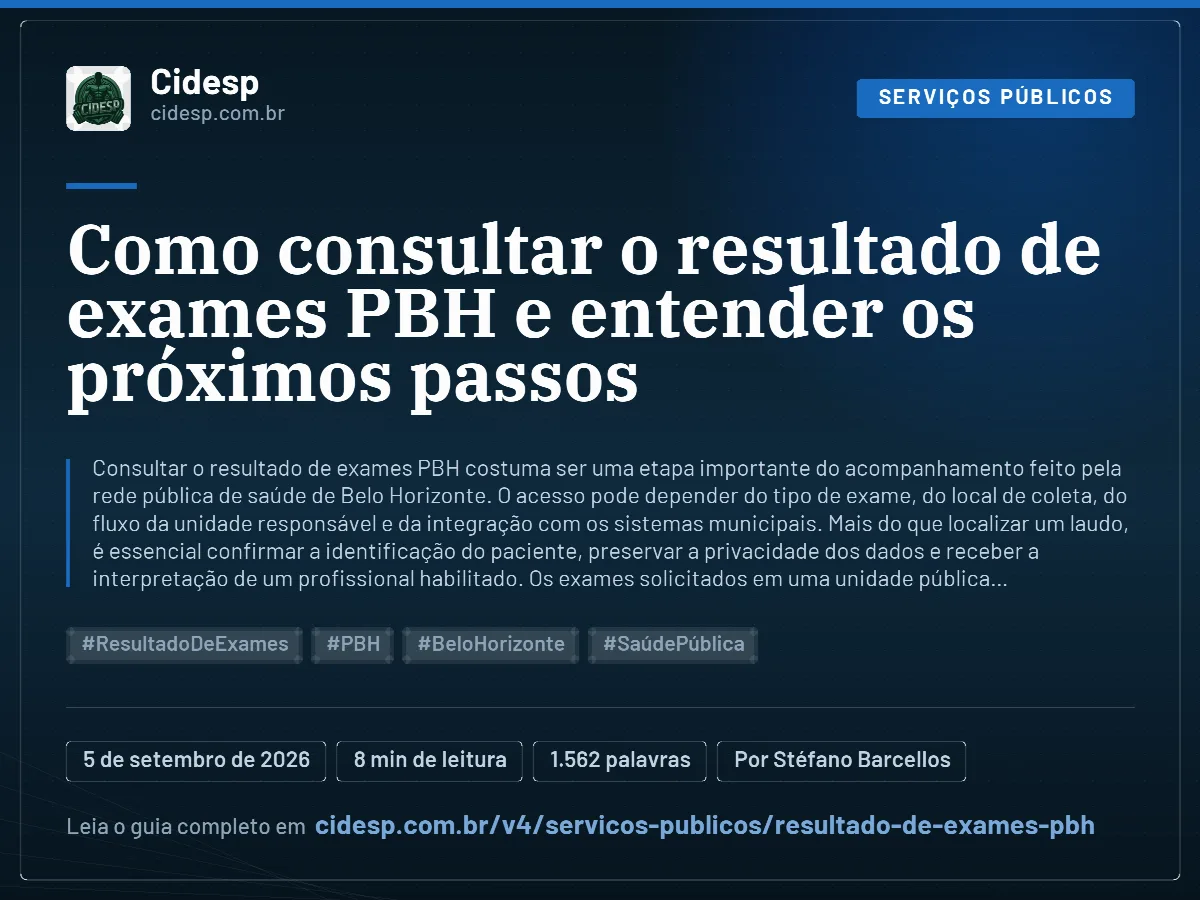 Cartão do artigo “Como consultar o resultado de exames PBH e entender os próximos passos”, com resumo, data de publicação e endereço da página.