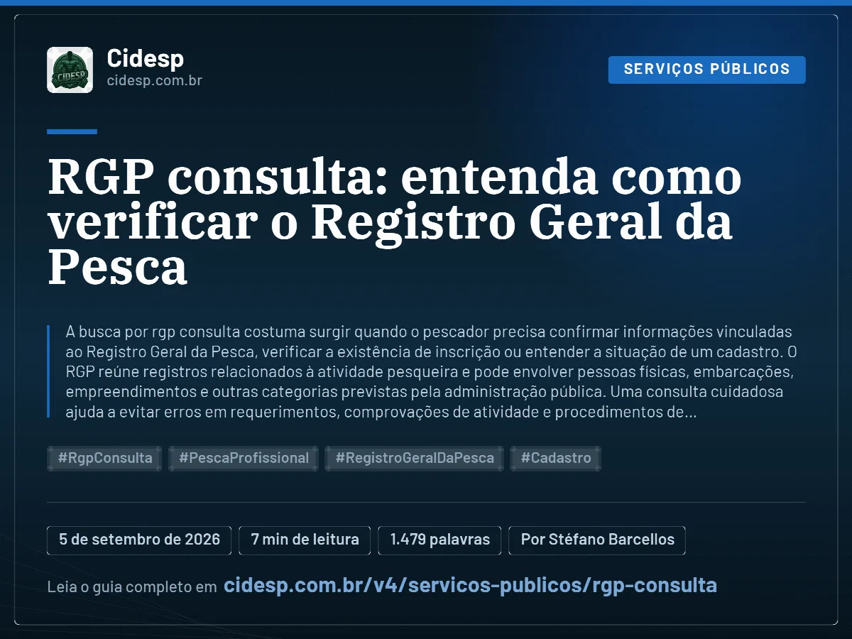 Cartão do artigo “RGP consulta: entenda como verificar o Registro Geral da Pesca”, com resumo, data de publicação e endereço da página.
