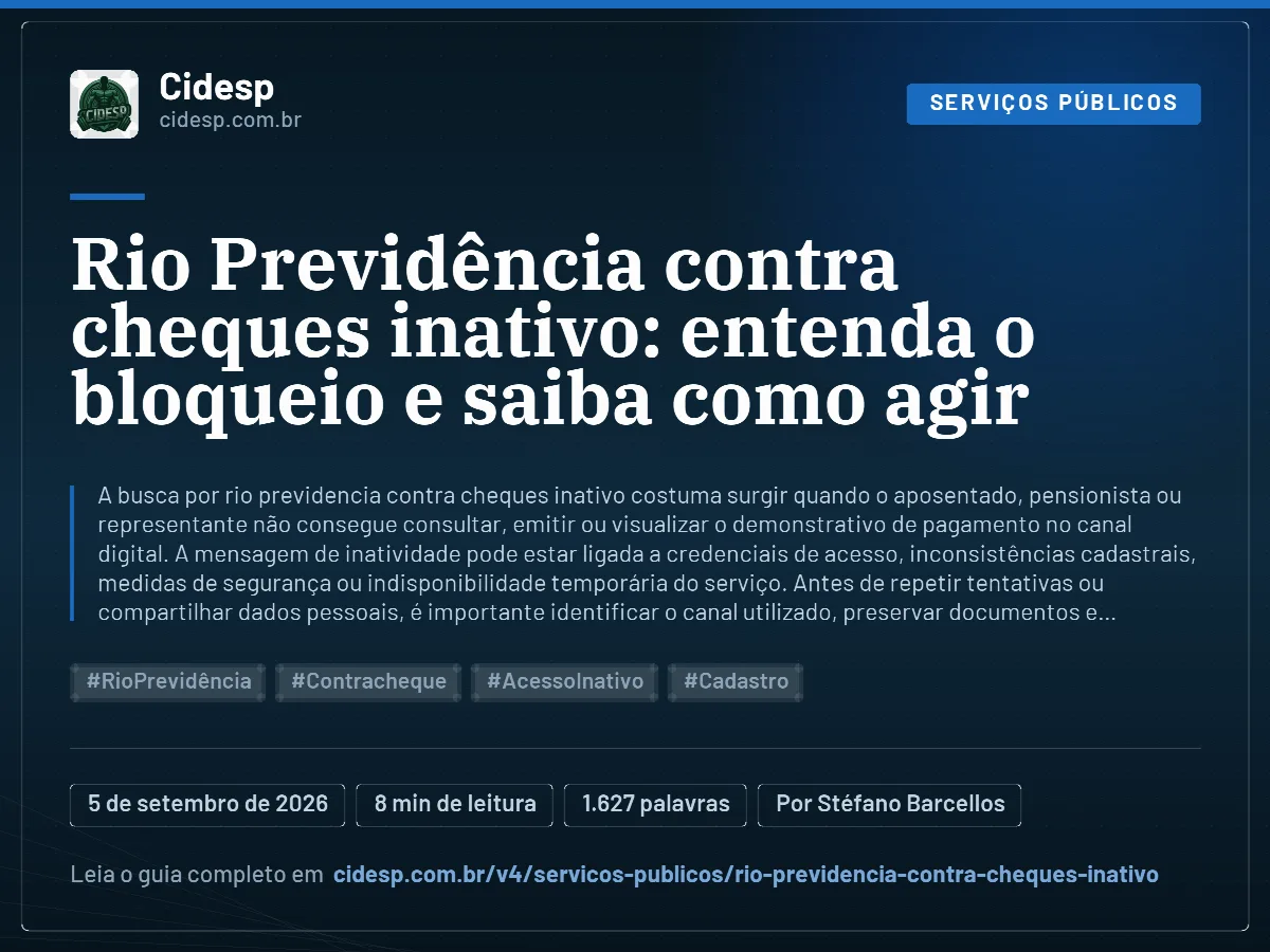 Cartão do artigo “Rio Previdência contra cheques inativo: entenda o bloqueio e saiba como agir”, com resumo, data de publicação e endereço da página.