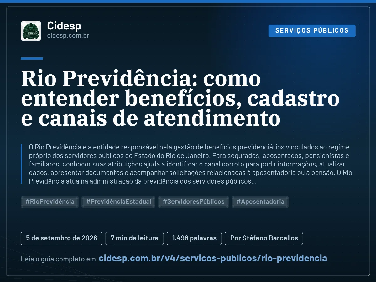 Cartão do artigo “Rio Previdência: como entender benefícios, cadastro e canais de atendimento”, com resumo, data de publicação e endereço da página.