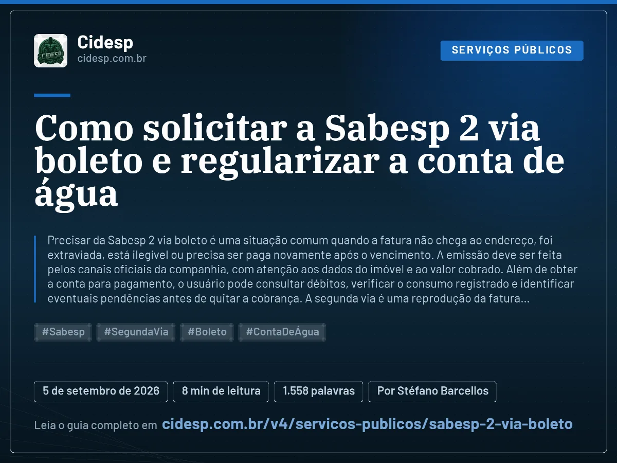Cartão do artigo “Como solicitar a Sabesp 2 via boleto e regularizar a conta de água”, com resumo, data de publicação e endereço da página.