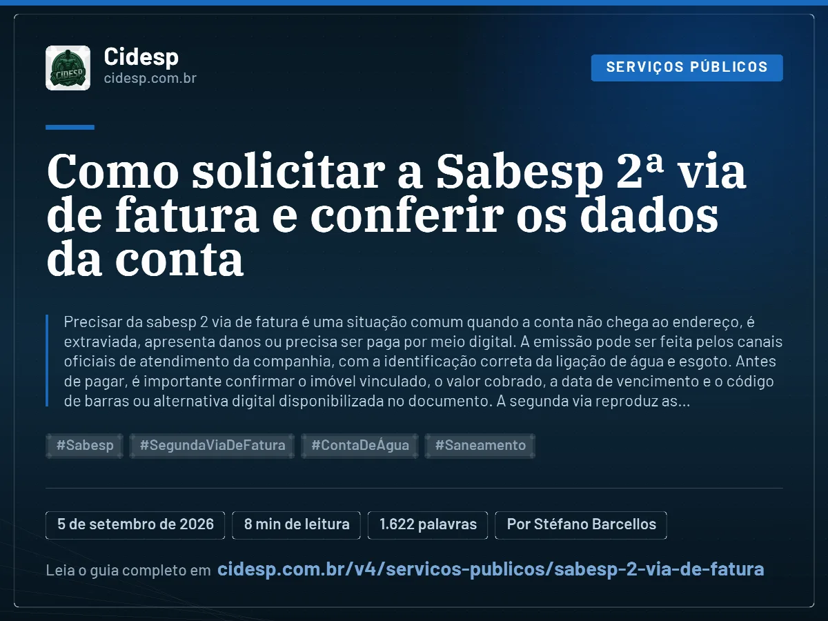 Cartão do artigo “Como solicitar a Sabesp 2ª via de fatura e conferir os dados da conta”, com resumo, data de publicação e endereço da página.