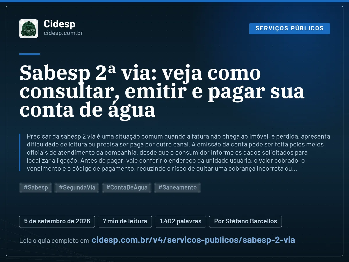 Cartão do artigo “Sabesp 2ª via: veja como consultar, emitir e pagar sua conta de água”, com resumo, data de publicação e endereço da página.