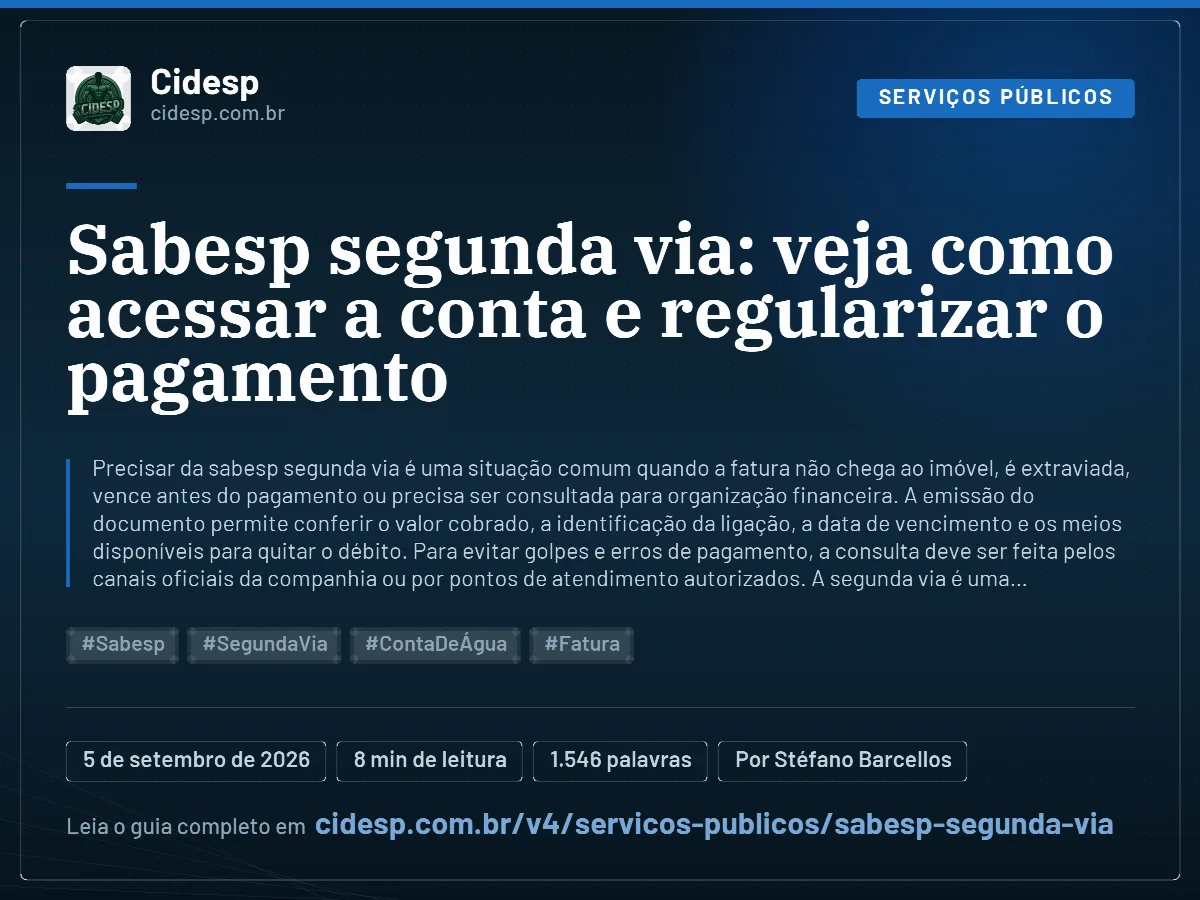 Cartão do artigo “Sabesp segunda via: veja como acessar a conta e regularizar o pagamento”, com resumo, data de publicação e endereço da página.