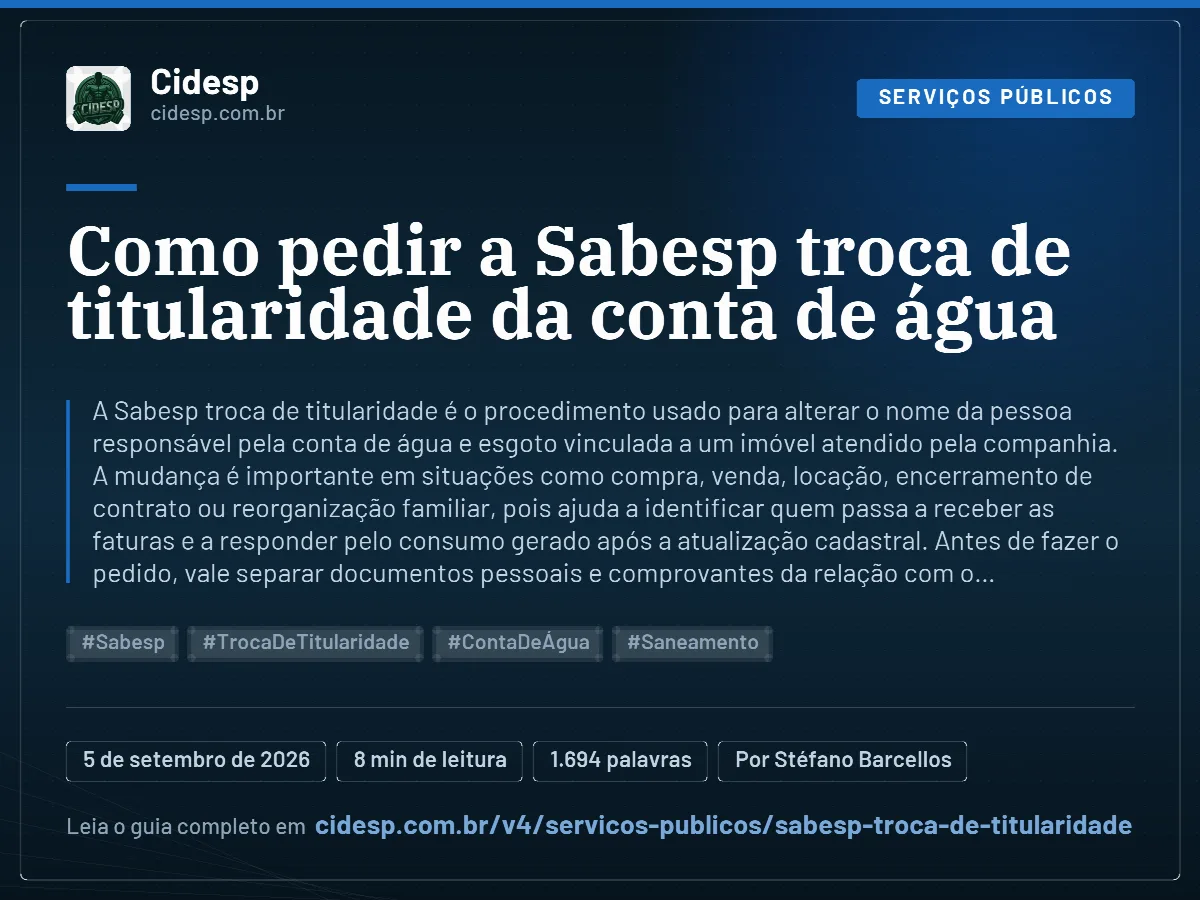 Cartão do artigo “Como pedir a Sabesp troca de titularidade da conta de água”, com resumo, data de publicação e endereço da página.