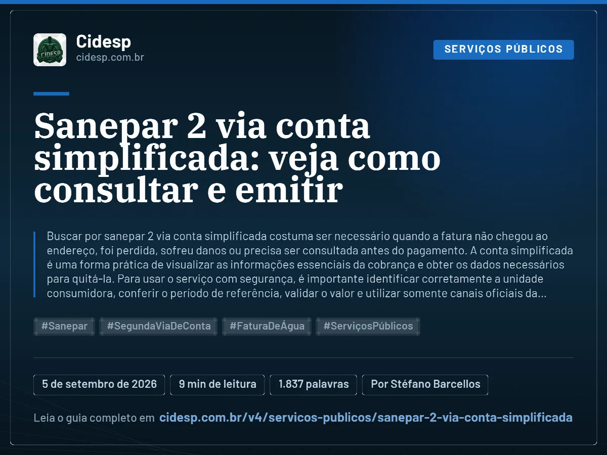 Cartão do artigo “Sanepar 2 via conta simplificada: veja como consultar e emitir”, com resumo, data de publicação e endereço da página.