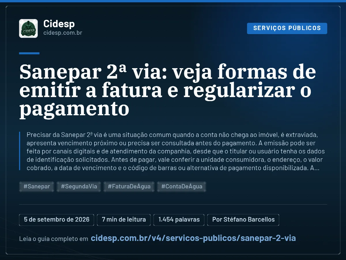Cartão do artigo “Sanepar 2ª via: veja formas de emitir a fatura e regularizar o pagamento”, com resumo, data de publicação e endereço da página.