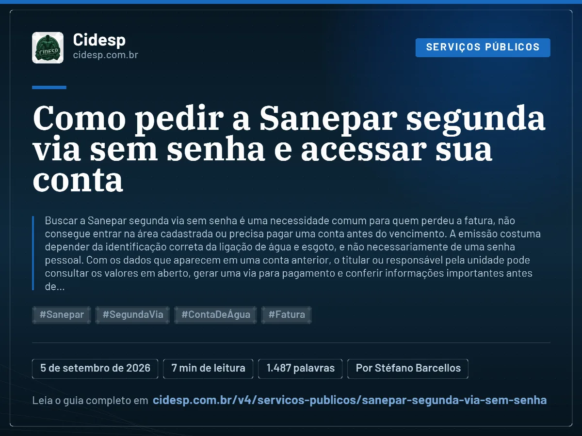 Cartão do artigo “Como pedir a Sanepar segunda via sem senha e acessar sua conta”, com resumo, data de publicação e endereço da página.