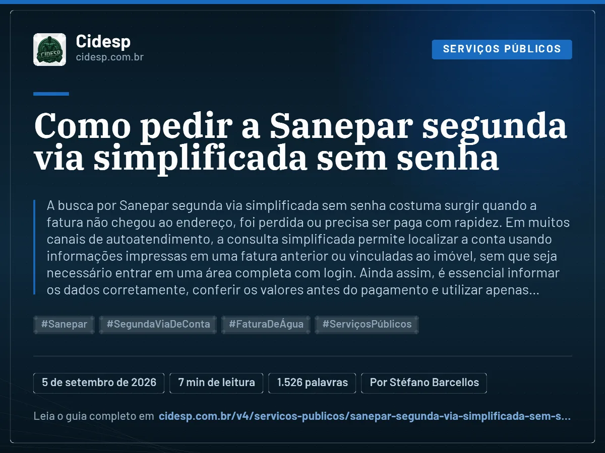 Cartão do artigo “Como pedir a Sanepar segunda via simplificada sem senha”, com resumo, data de publicação e endereço da página.