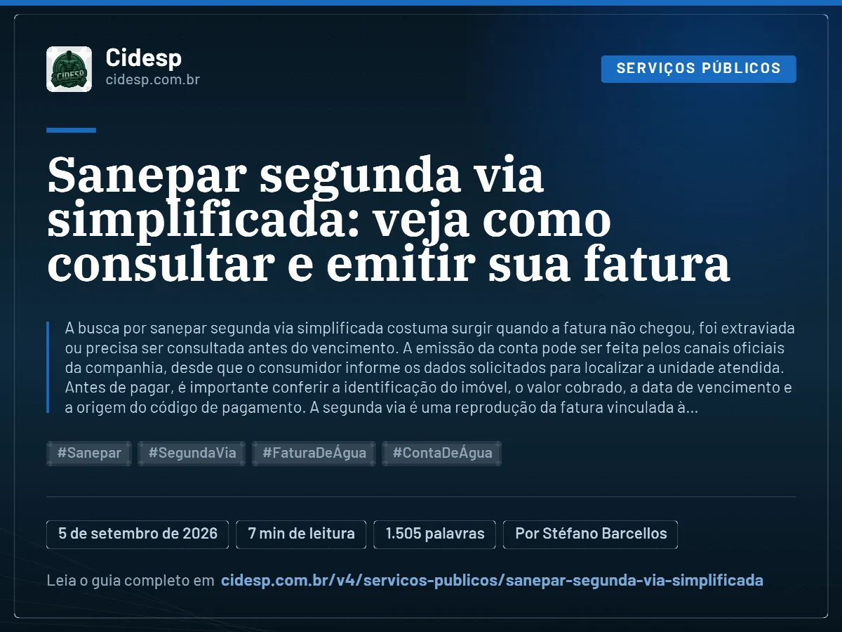 Cartão do artigo “Sanepar segunda via simplificada: veja como consultar e emitir sua fatura”, com resumo, data de publicação e endereço da página.