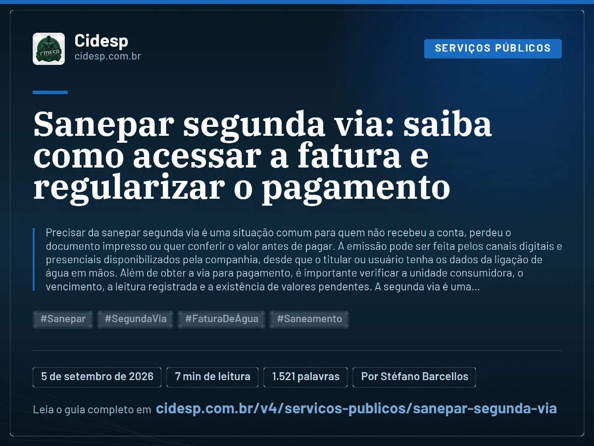 Cartão do artigo “Sanepar segunda via: saiba como acessar a fatura e regularizar o pagamento”, com resumo, data de publicação e endereço da página.