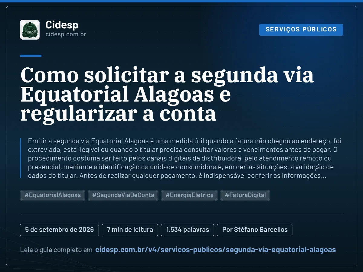 Cartão do artigo “Como solicitar a segunda via Equatorial Alagoas e regularizar a conta”, com resumo, data de publicação e endereço da página.