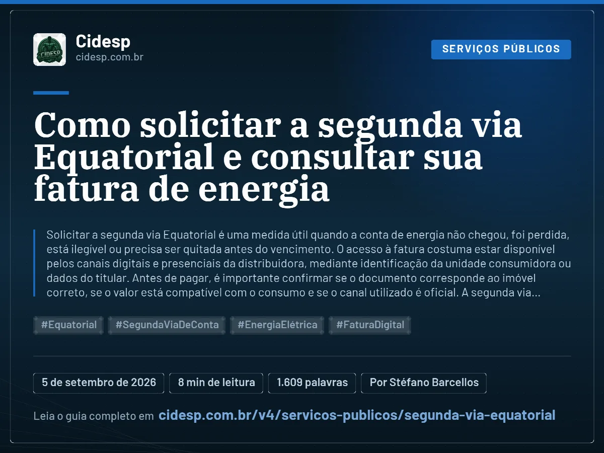 Cartão do artigo “Como solicitar a segunda via Equatorial e consultar sua fatura de energia”, com resumo, data de publicação e endereço da página.