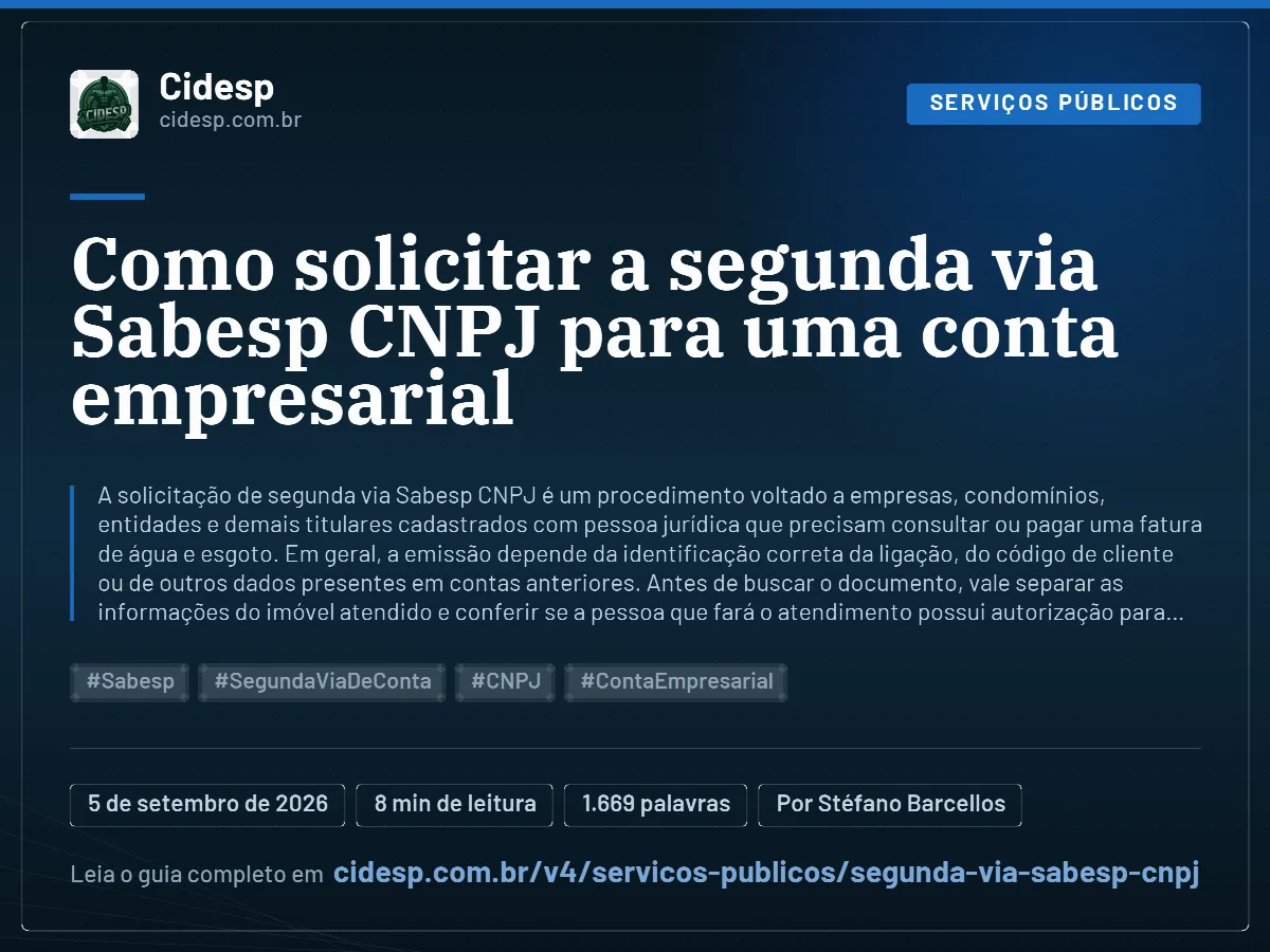 Cartão do artigo “Como solicitar a segunda via Sabesp CNPJ para uma conta empresarial”, com resumo, data de publicação e endereço da página.